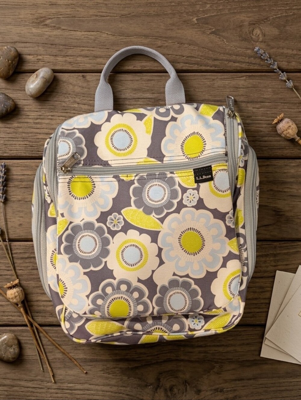 L.L. Bean Floral Insulated Hanging Toiletry Bag in Gray & Yellow